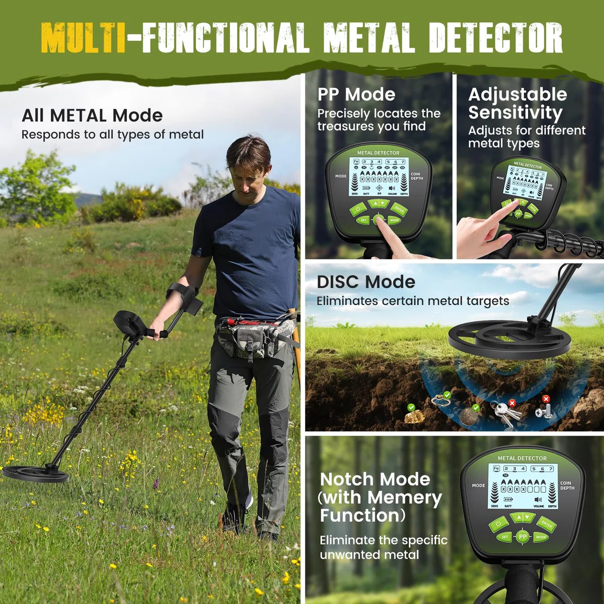 Detector de Metales Profesional para Adultos y Niños, Longitud Ajustable (113-141 cm), Set de Detector de Metales con Bobina de Búsqueda Resistente al Agua IP68 (Verde)