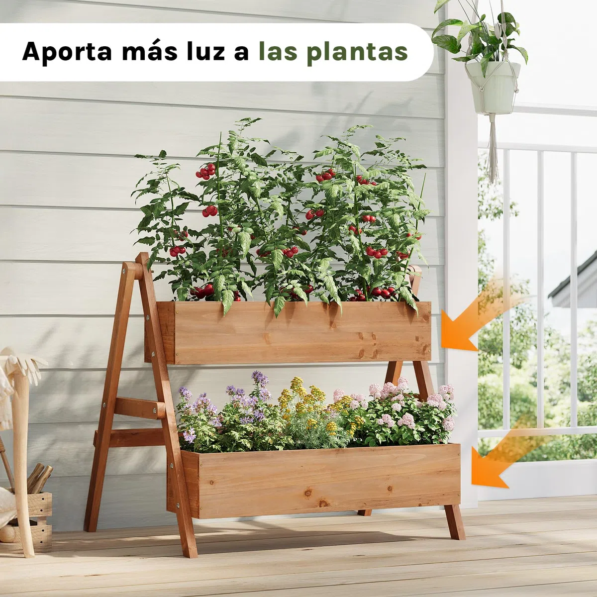 WOLTU Huerto Urbano Vertical de 2 Niveles, Jardineras Exteriores, Huerto Elevado con Estanterías para Verduras, Frutas y Flores, Maceta Madera de Plantas en Escalera, 80x62x68 cm, Marrón