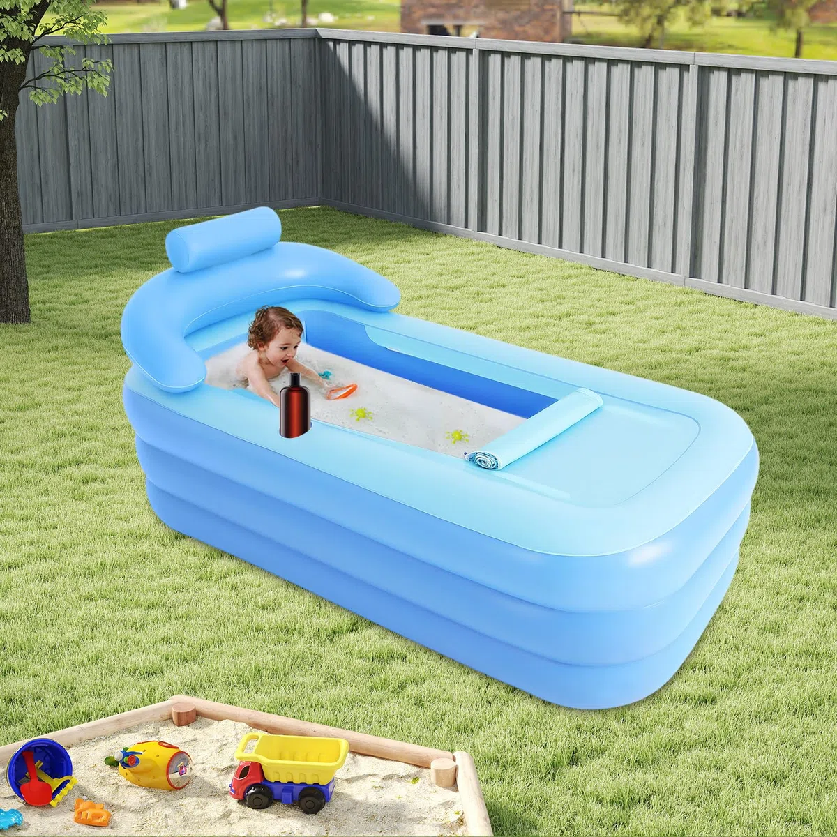 Bañera móvil para adultos, PVC plegable, bañera inflable, 160 x 84 x 64 cm, fondo de burbujas grueso, bañera de spa con tapa de cremallera para el hogar, camping y viajes, azul