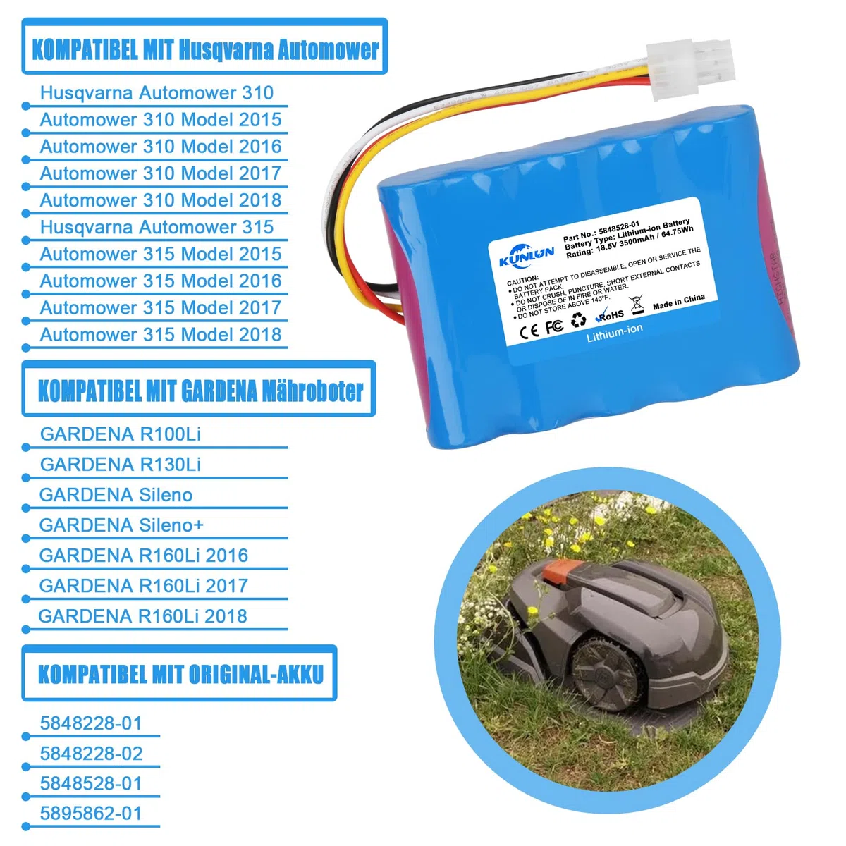 KUNLUN 18.5V 3500mAh Batería Li-Ion para Husqvarna Automower 310,315,315X,584 85 28-02, para Gardena Sileno R100Li,R130Li,R160Li, 5848228-01,5848228-02,5848528-01,5895862-01
