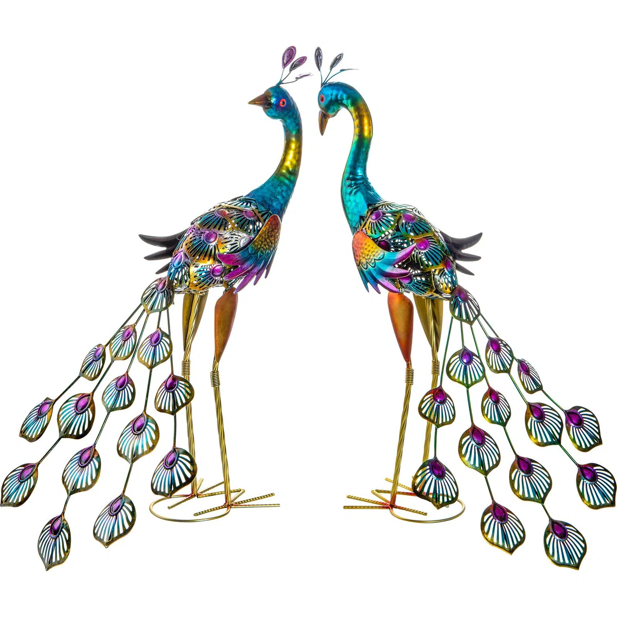 Estatuas de pavo real de jardín en metal, esculturas de pavo real para decoración de patio, césped, veranda, patio trasero, decoración al aire libre (2 piezas, azul)