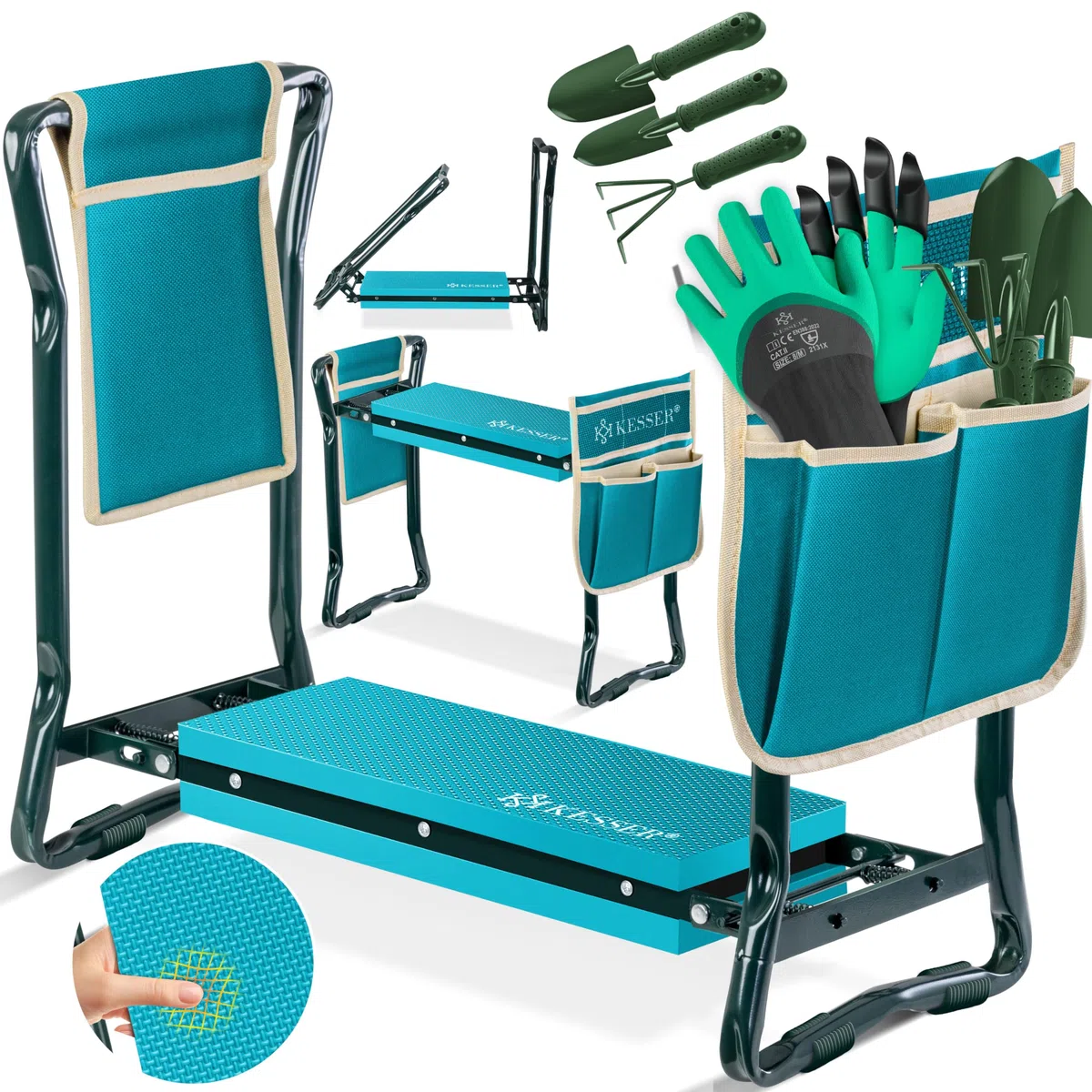 KESSER® 2 en 1 XXL - Banco para Rodillas para Trabajos de jardín, Acolchado de Espuma EVA, Plegable, Incluye 2 Bolsas de Herramientas, 60 x 50 x 27 cm, hasta 150 kg, Azul/Beige