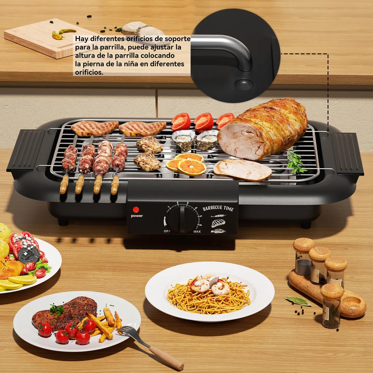Parrilla eléctrica para barbacoa, antiadherente y sin humo, para interiores y exteriores, 2000 W, doble tubo, alta potencia, portátil, con soporte extraíble para barbacoas (negro)