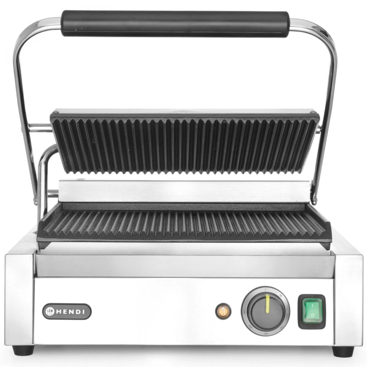 HENDI Parrilla Eléctrica de Contacto, Grill/Plancha Panini y Sandwichera Profesional, Placas Acanaladas de Hierro Fundido Esmaltado, 230V, 2200W, 430x375x(H)216mm, Acero Inoxidable