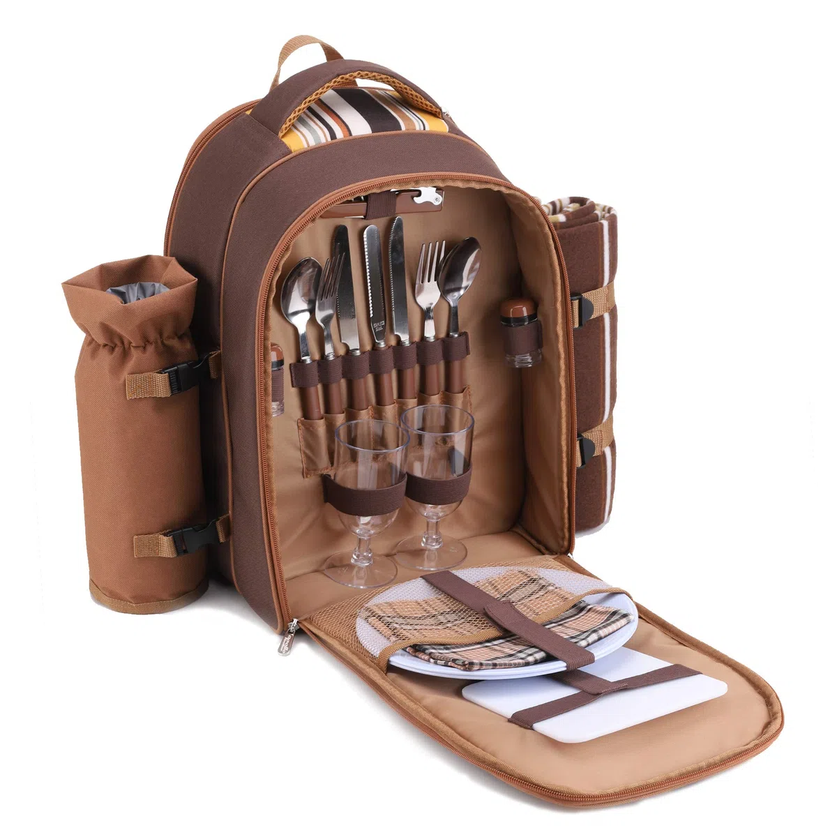 APOLLO WALKER Mochila Picnic, Juego de Picnic Set 4 Personas (Vajilla y Manta), Nevera Playa Mochila, Bolsas Mochilas Termicas para Acampar, Playa y Senderismo（Café - Dos Personas）