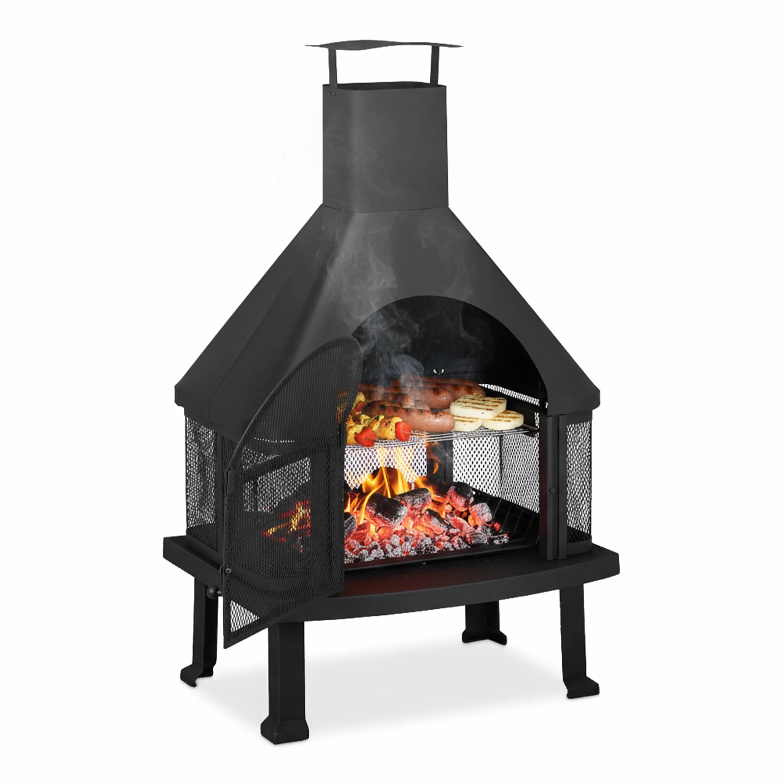 Relaxdays Chimenea exterior con parrilla, Protección contra chispas, Atizador, Acero, 110 x 63 x 51 cm, Negro