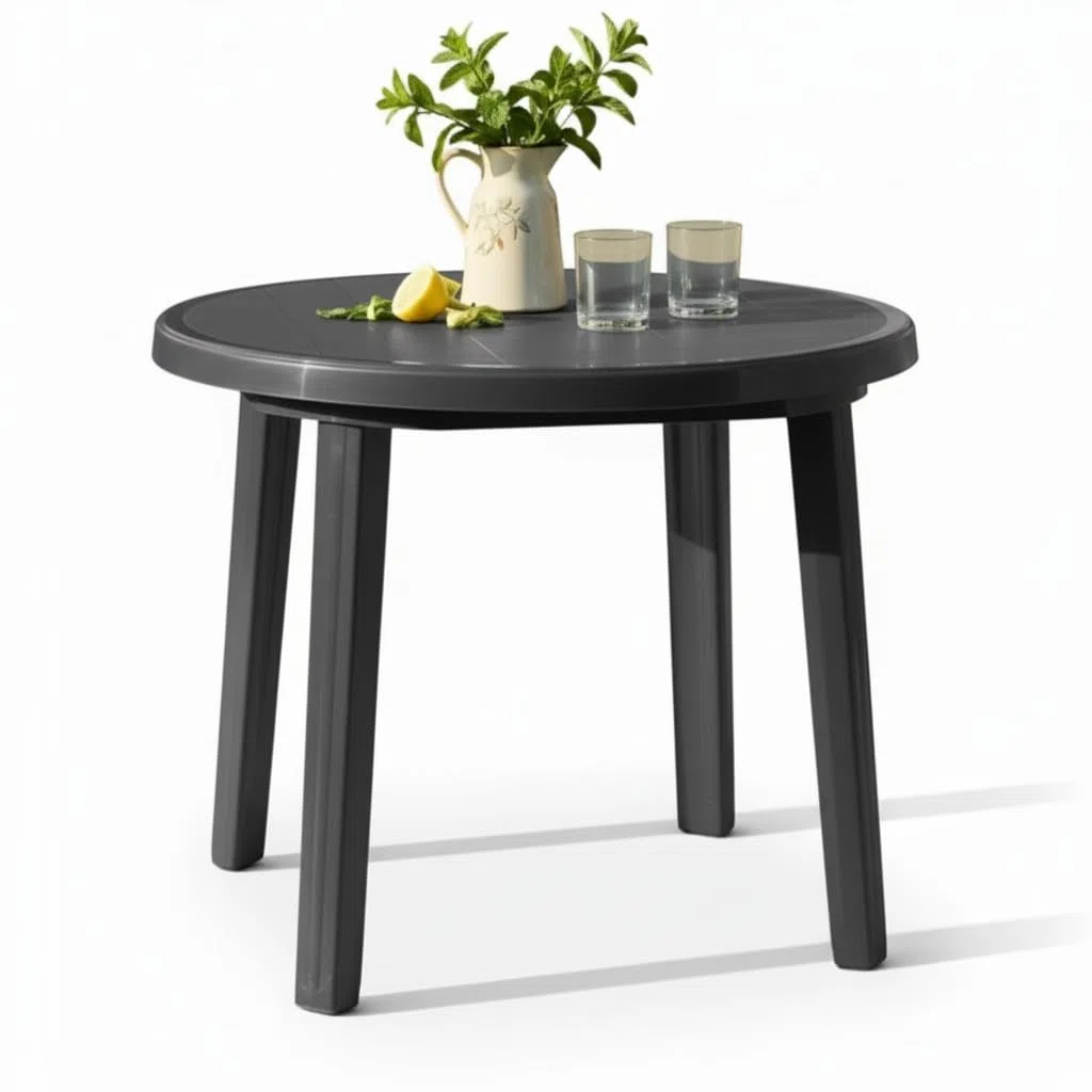 Mesa de Jardín Redonda de Resina Gris Antracita 90x72cm Auxiliar Exterior desmotable portátil, Camping, terraza, Acampada, Playa.