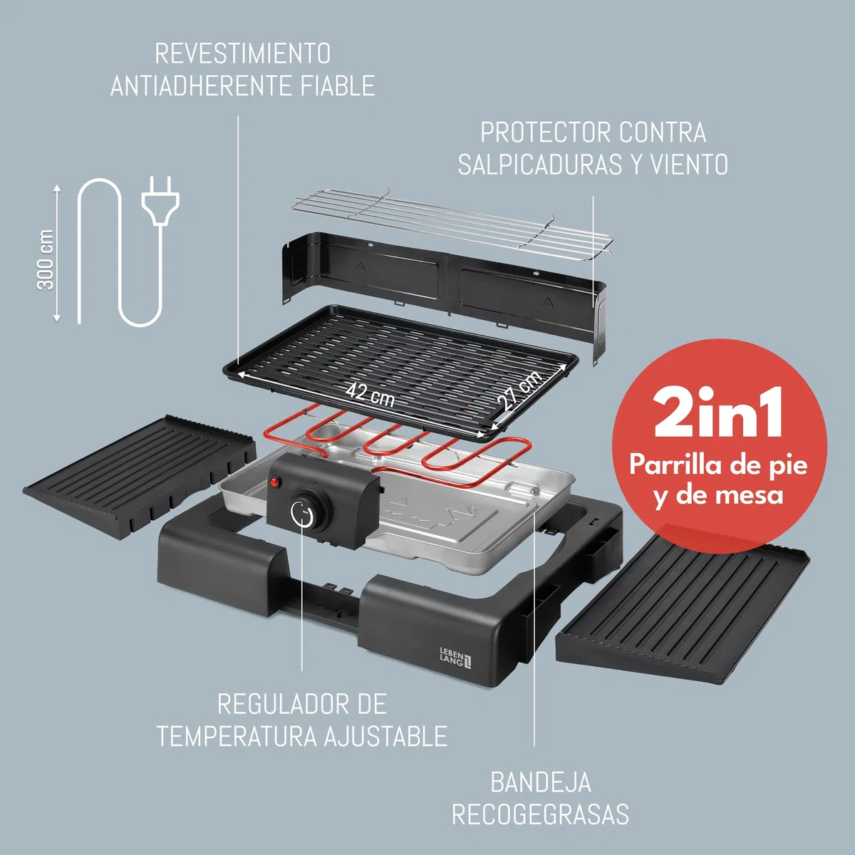 LEBENLANG Parrilla barbacoa electrica 2en1 - Incl. soporte & pinzas para parrilla I Grill electrico Parrillas para barbacoas I Grelhador eléctrica Plancha barbecue I Asador de carne Churrasqueira