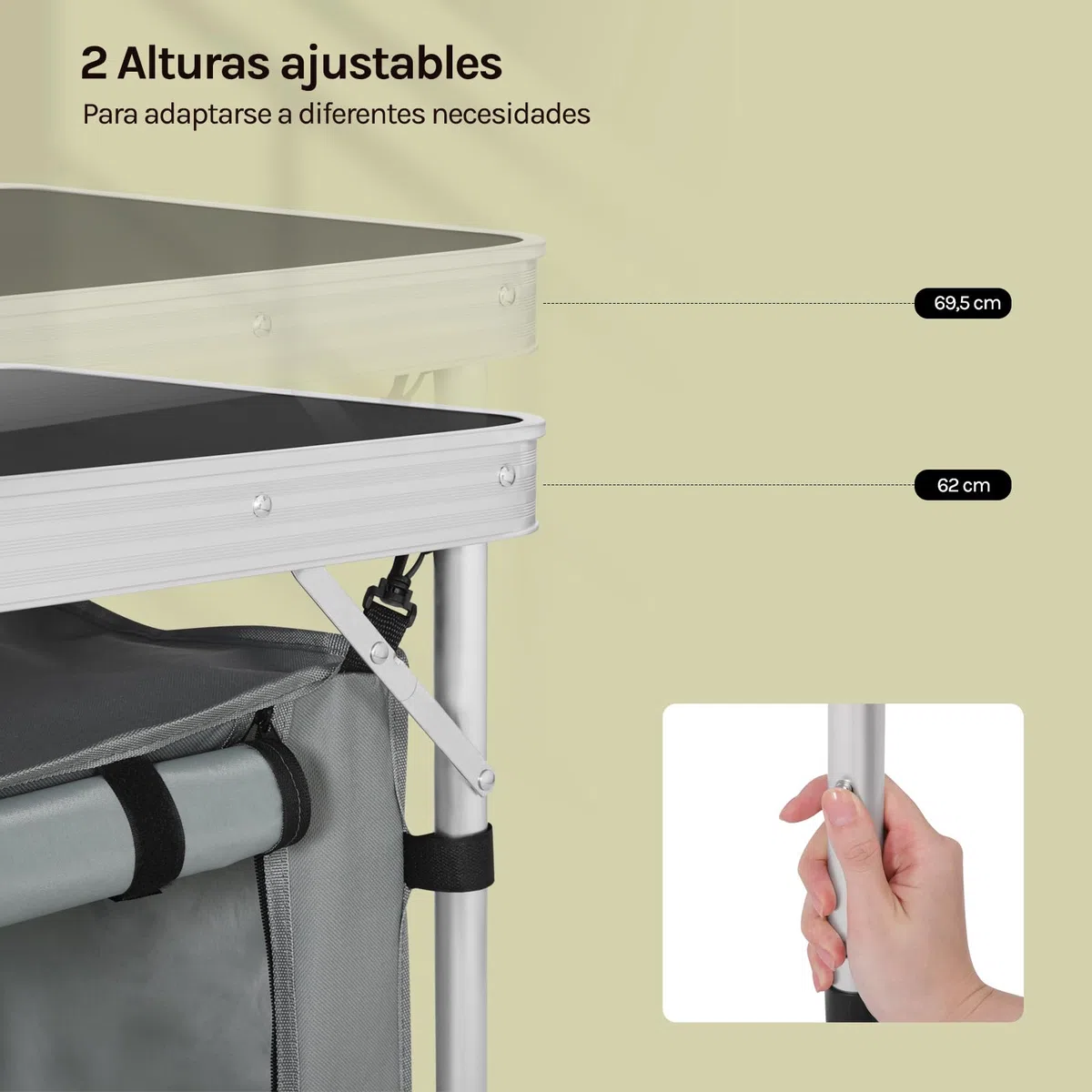 WOLTU Mesa de Camping Cocina de Acampada Málaga Mesita Plegable de Aluminio, Mesas de Picnic Altura Ajustable 120x47x62/69.5 cm, Negro+Gris