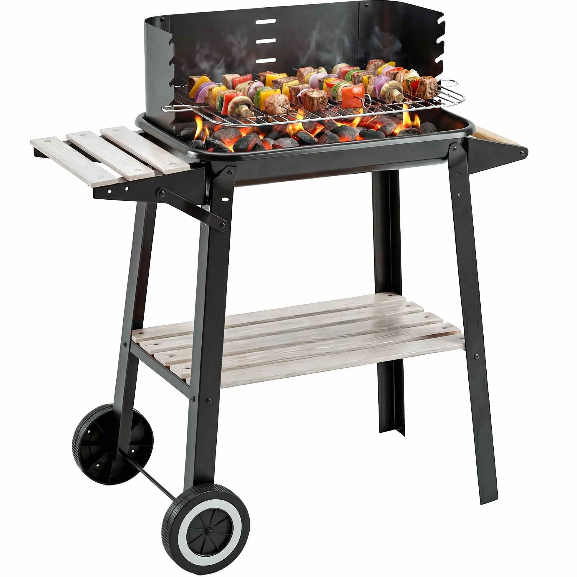 Outsunny Barbacoa de Carbón Vegetal Parrillas Asador BBQ de Picnic Altura de Parrillas Ajustables con Estantes y Ruedas Fácil Mover para Jardín Exterior Acampada 83x46x87 cm