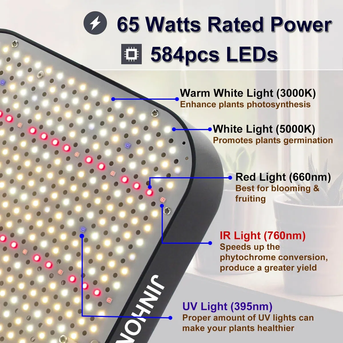Regulable LED Grow Light CR600, JINHONGTO planta interior Grow Light, incluye 584 LED IR - UV con función crisantemo