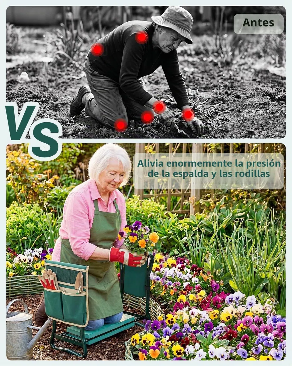 Ohuhu - Taburete de jardín resistente con almohadilla de espuma EVA, banco de jardinería plegable con 2 bolsas para herramientas, suministros de jardinería portátiles 2 en 1, regalo ideal para mujeres