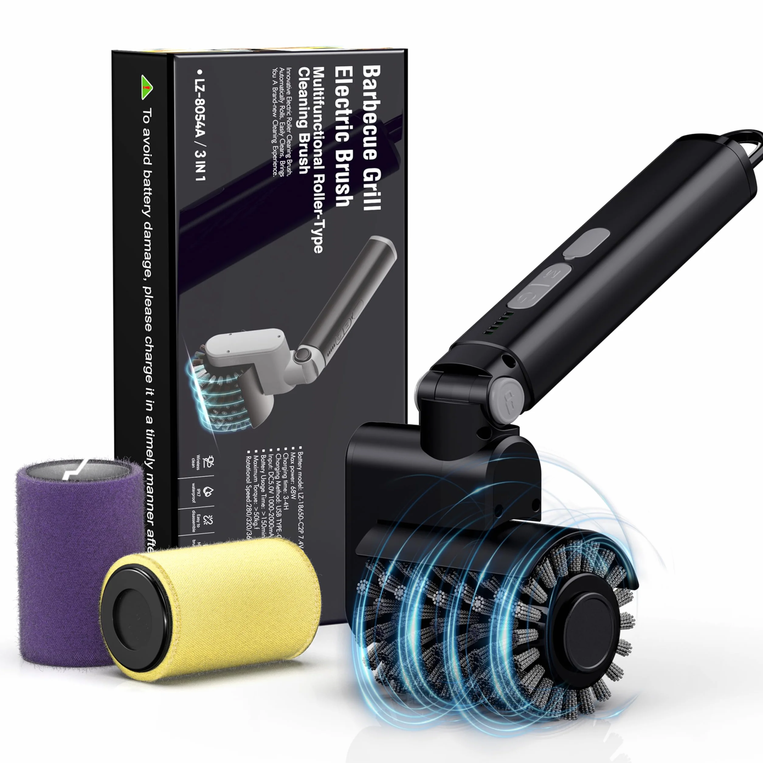Cepillo eléctrico para Parrillas — Cepillo con Control de Potencia de 3 velocidades para Parrillas de Exterior, Recargable y sin Cables — Incluye 2 Cabezales de Cepillo y Almohadilla de Limpieza