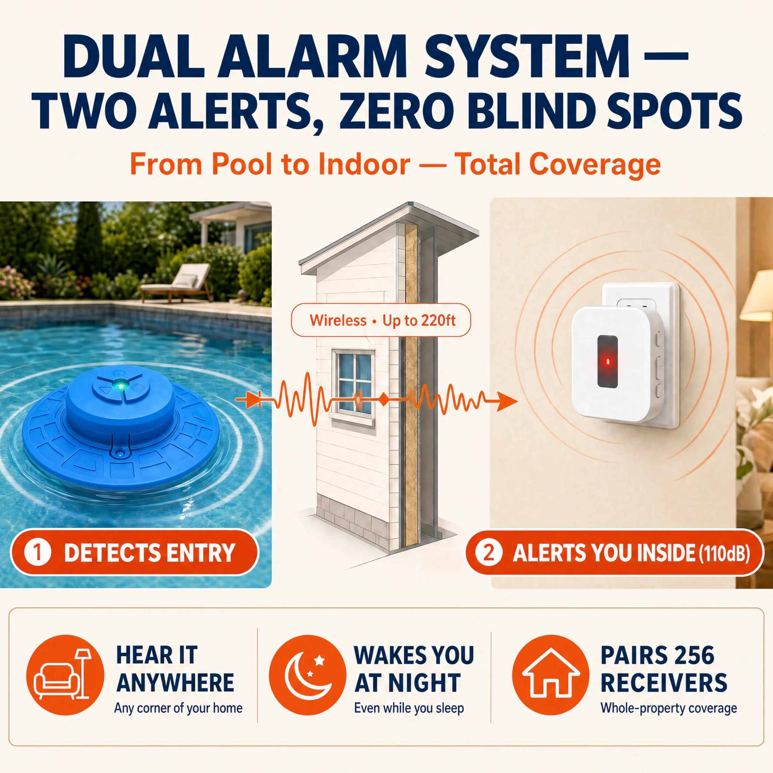 Alarma de piscina para piscinas enterradas y sobre el suelo con receptor interior remoto, alarma de seguridad flotante, sensibilidad ajustable, apagado y encendido automático, protección para niños y