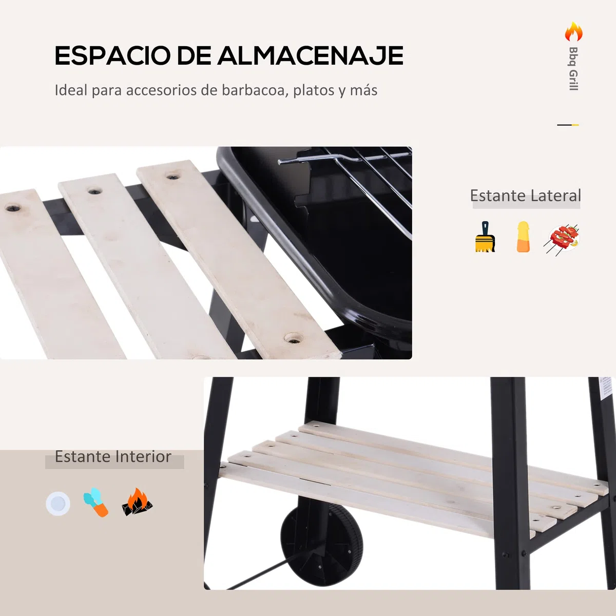 Outsunny Barbacoa de Carbón Vegetal Parrillas Asador BBQ de Picnic Altura de Parrillas Ajustables con Estantes y Ruedas Fácil Mover para Jardín Exterior Acampada 83x46x87 cm