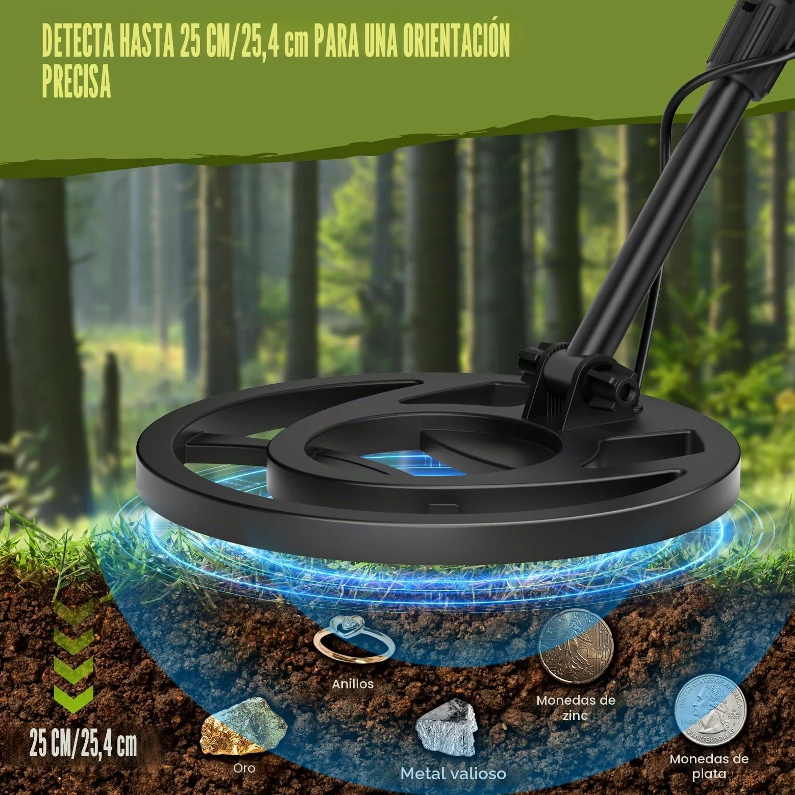 Detector de Metales Profesional para Adultos y Niños, Longitud Ajustable (113-141 cm), Set de Detector de Metales con Bobina de Búsqueda Resistente al Agua IP68 (Verde)