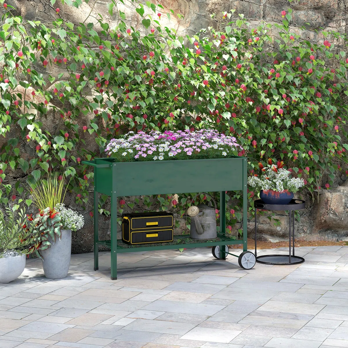 Outsunny Mesa de Cultivo 109x44x80 cm Huerto Urbano Elevado con 2 Ruedas Estante y Asa para Cultivo Plantas Flores Verduras Verde