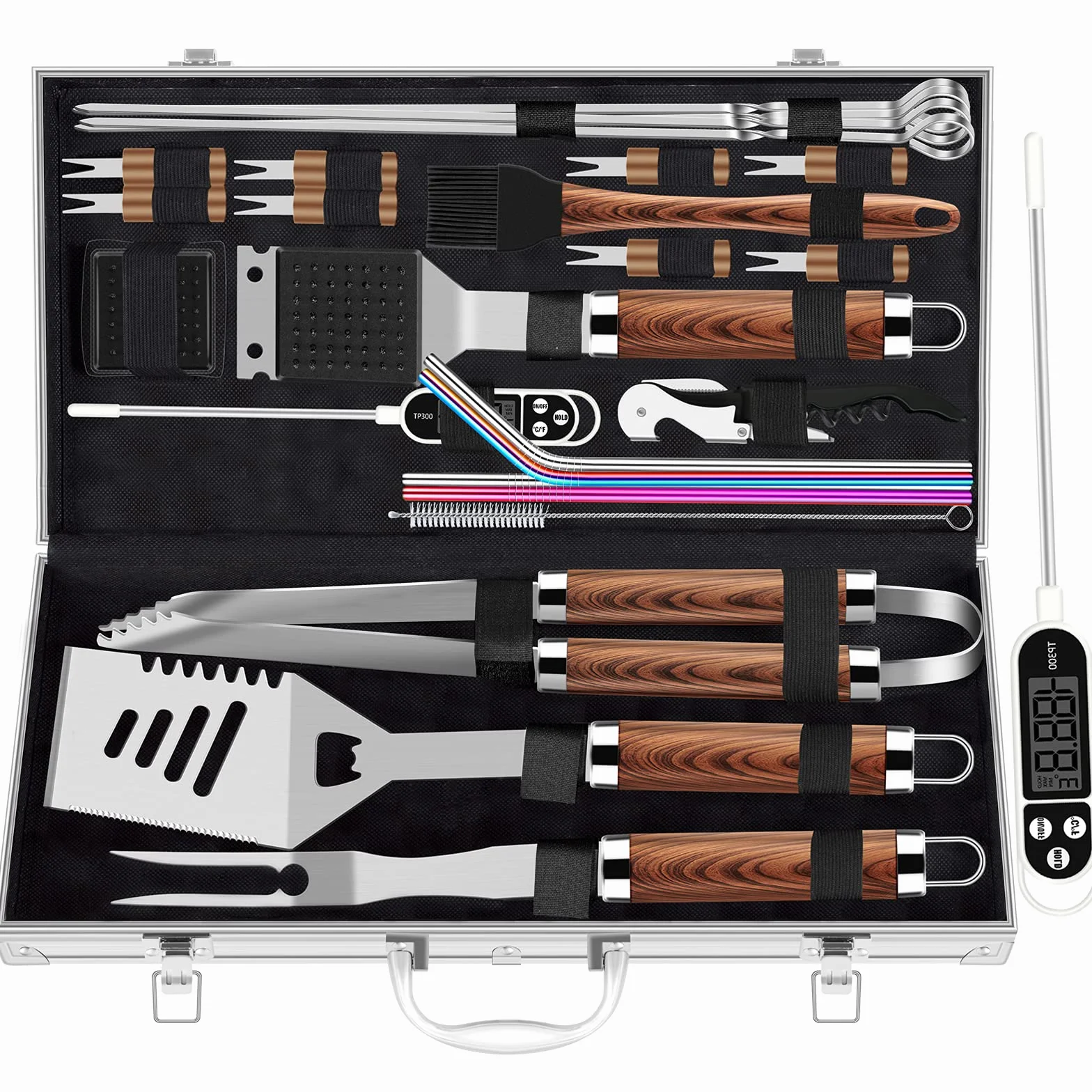 ROMANTICIST Juego de Herramientas para Parrilla Gruesa para Hombres,Acero Inoxidable, 26 Piezas, Juego de Accesorios para Parrilla,Utensilios para Barbacoa con sacacorchos en Caja de Aluminio marrón