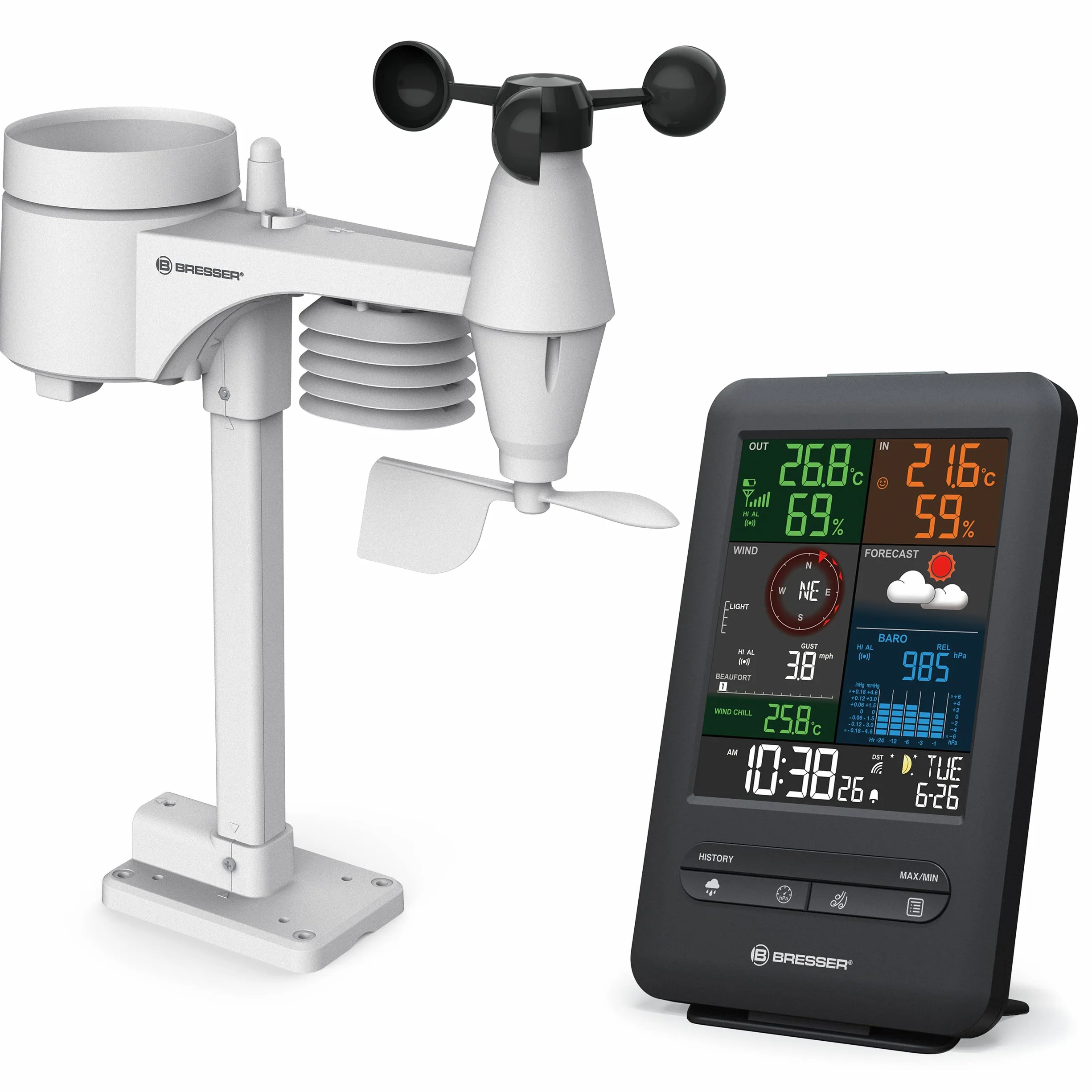 Bresser Beaufort Estación meteorológica Wireless con sensor exterior, 5 en 1: temperatura, humedad, viento, presión atmosférica y precipitaciones