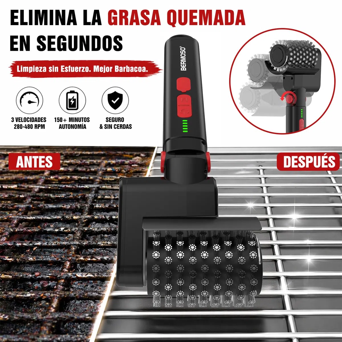 Cepillo Electrico Barbacoa,Recargable Limpiador Barbacoa con 3 Velocidades, Elimina Grasa Quemada, Autonomía de 150+ Minutos e Impermeable, Limpieza Sin Esfuerzo para Parrillas Exteriores