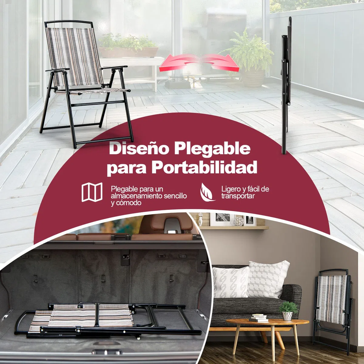 COSTWAY Juego de 2 Sillas de Jardín Plegables, 2 Sillas Terraza Exterior Tejido Transpirable, Respaldos y Reposabrazos, 51 x 61,5 x 92 cm, Sillas de Comedor de Jardín para Exterior
