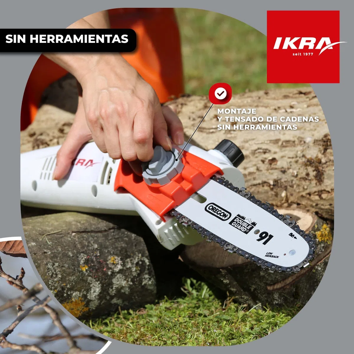 IKRA podadora de altura sierra telescópica eléctrica IEAS 750, alcance 4m, incl. correa de hombro, lima & escudo protector