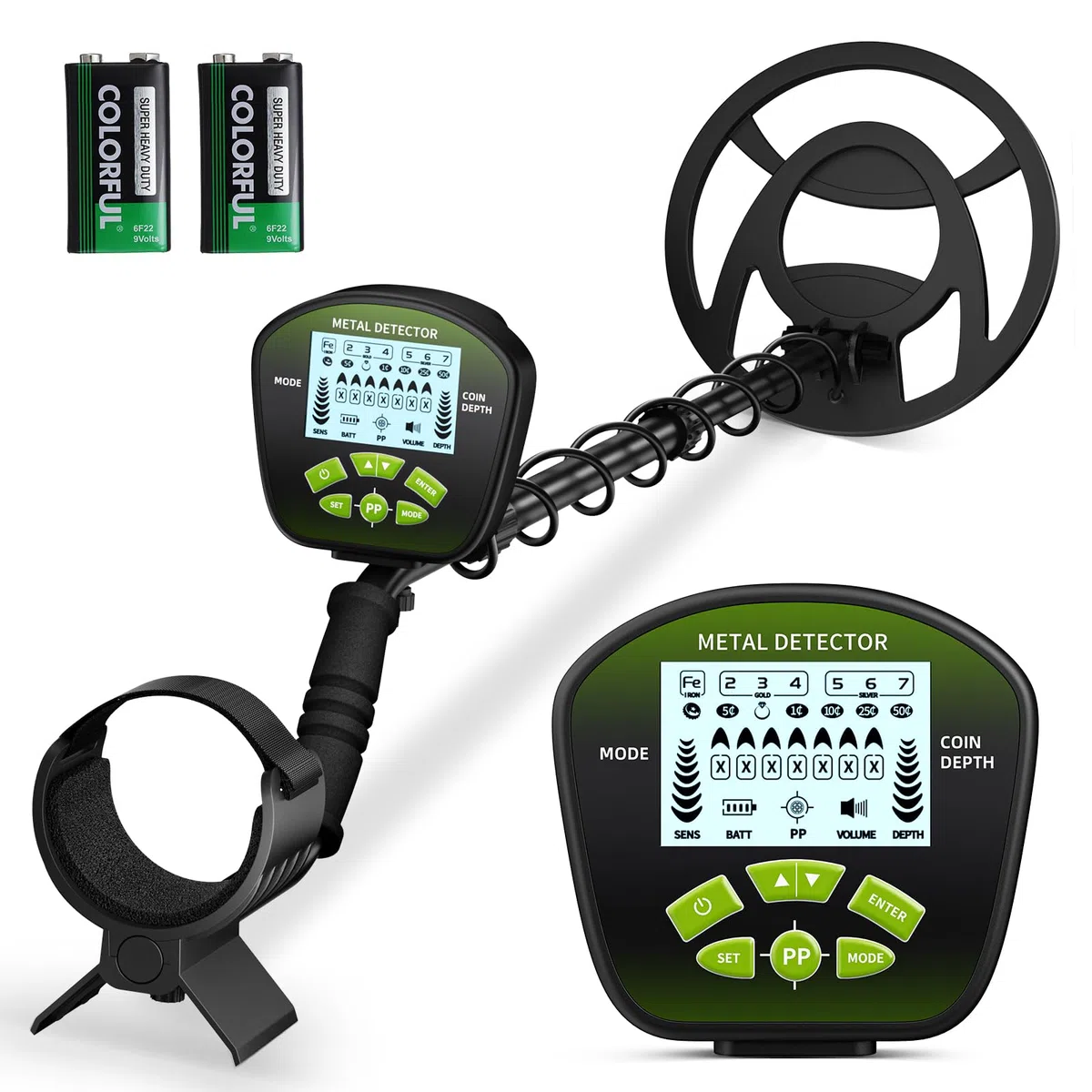 Detector de Metales Profesional para Adultos y Niños, Longitud Ajustable (113-141 cm), Set de Detector de Metales con Bobina de Búsqueda Resistente al Agua IP68 (Verde)