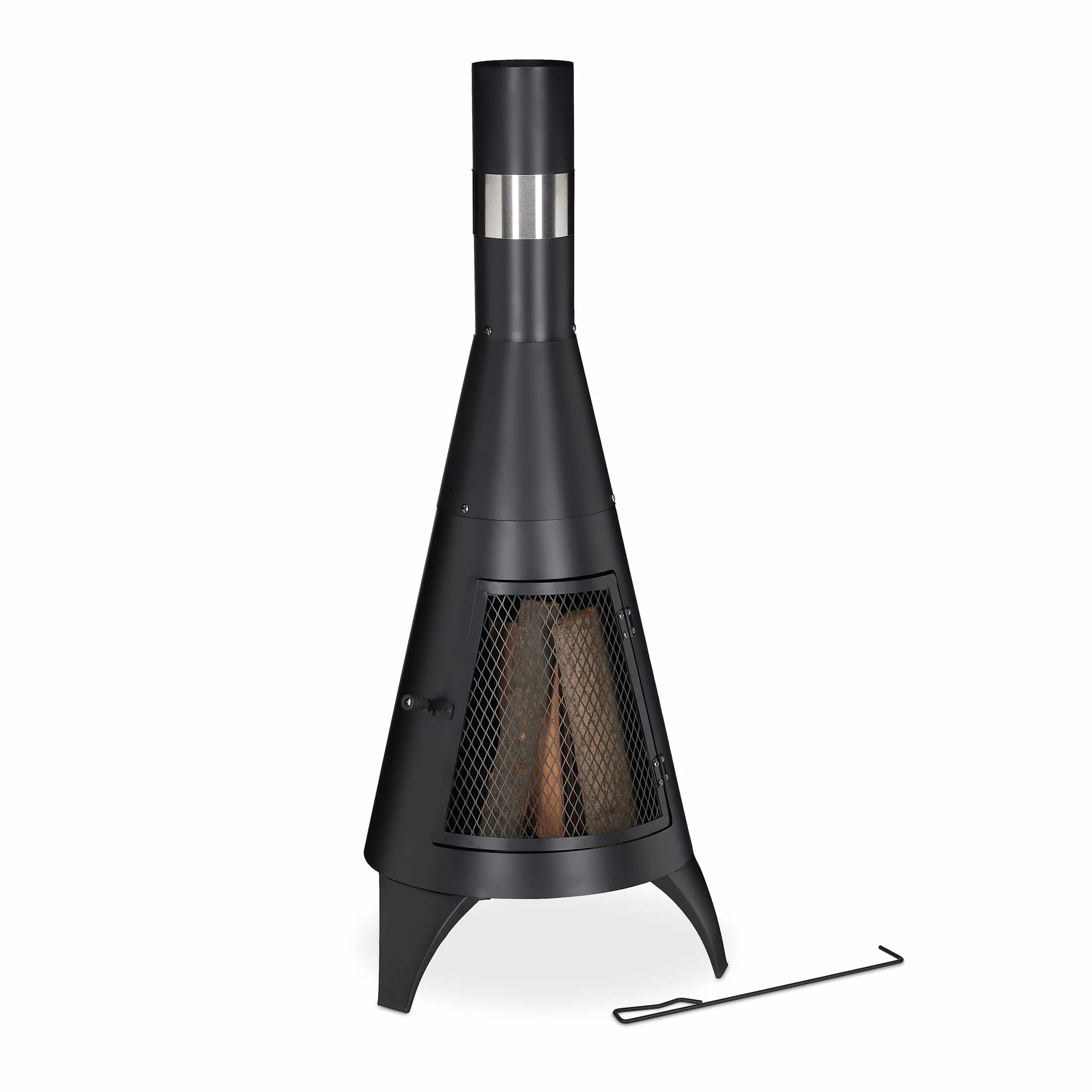 Relaxdays Chimenea Exterior con Atizador, Estufa para Terraza de Acero, Salvachispas, para Jardín, 120x48x50 cm, Negro