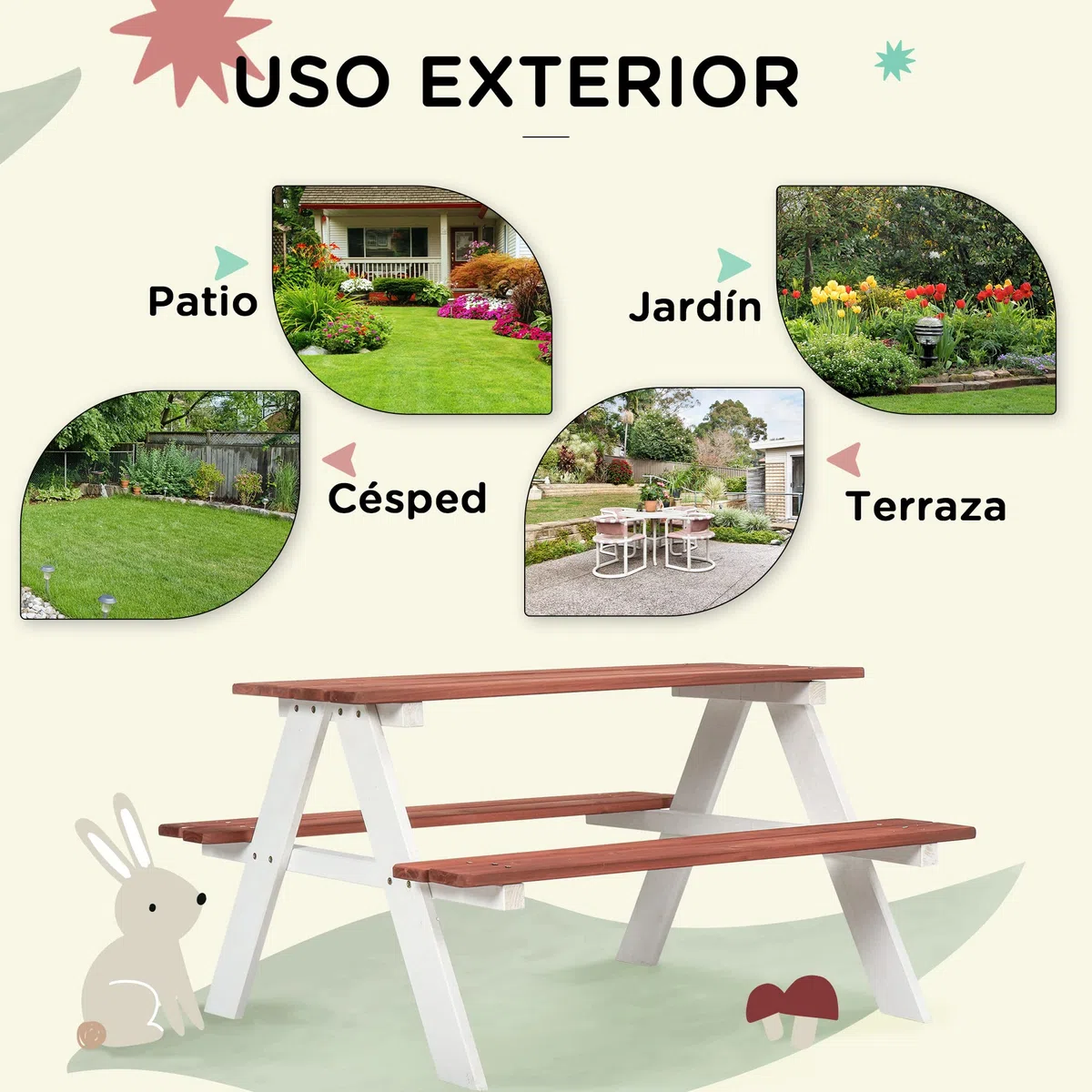 Outsunny Juego de Mesa y 2 Bancos Infantiles de Madera Mesa de Picnic para Niños de 3-8 Años para Jardín Patio Terraza 89x79x50 cm Marrón
