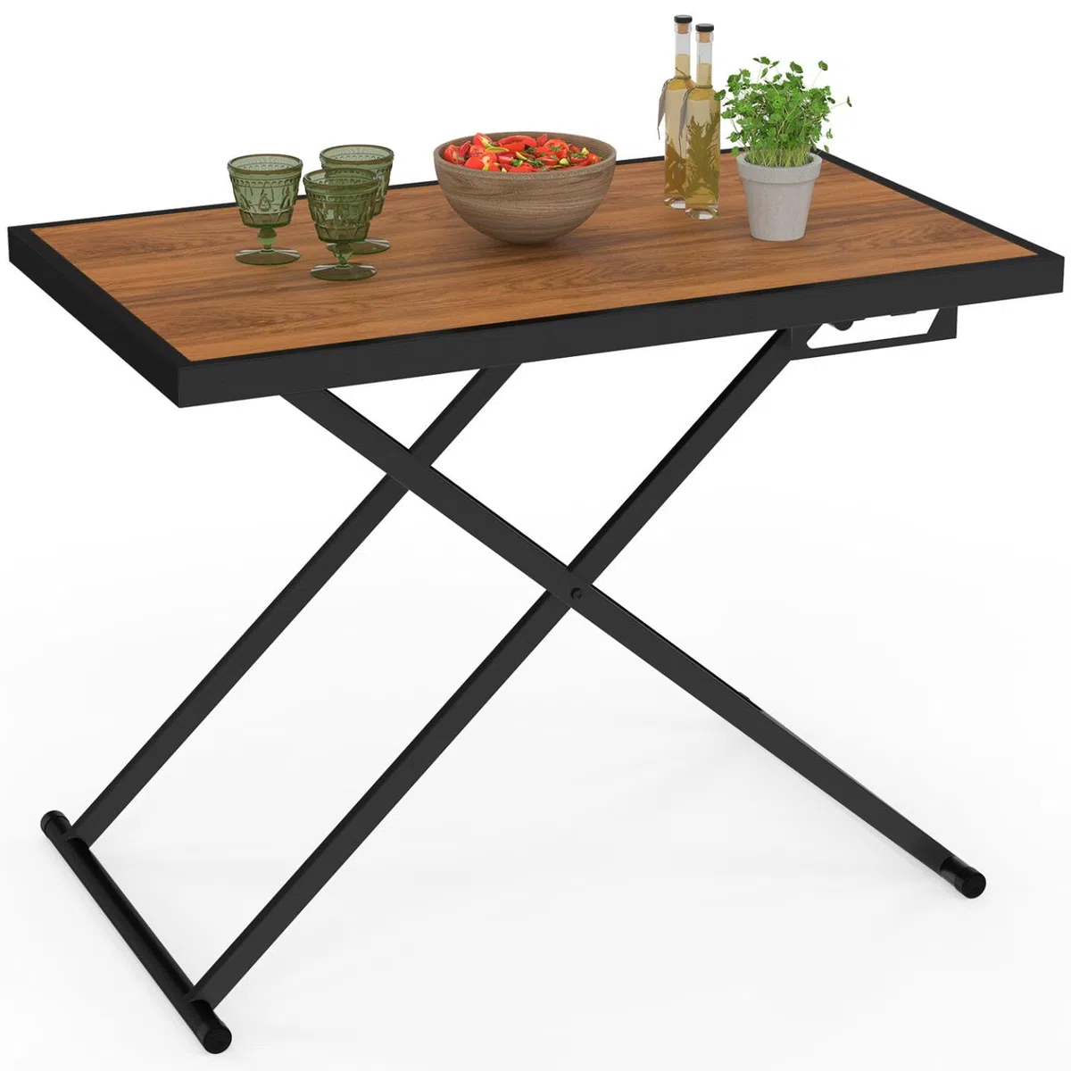 IDMarket – Mesa de jardín con altura ajustable 3 posiciones Olie 100 cm de metal negro y tablero de madera