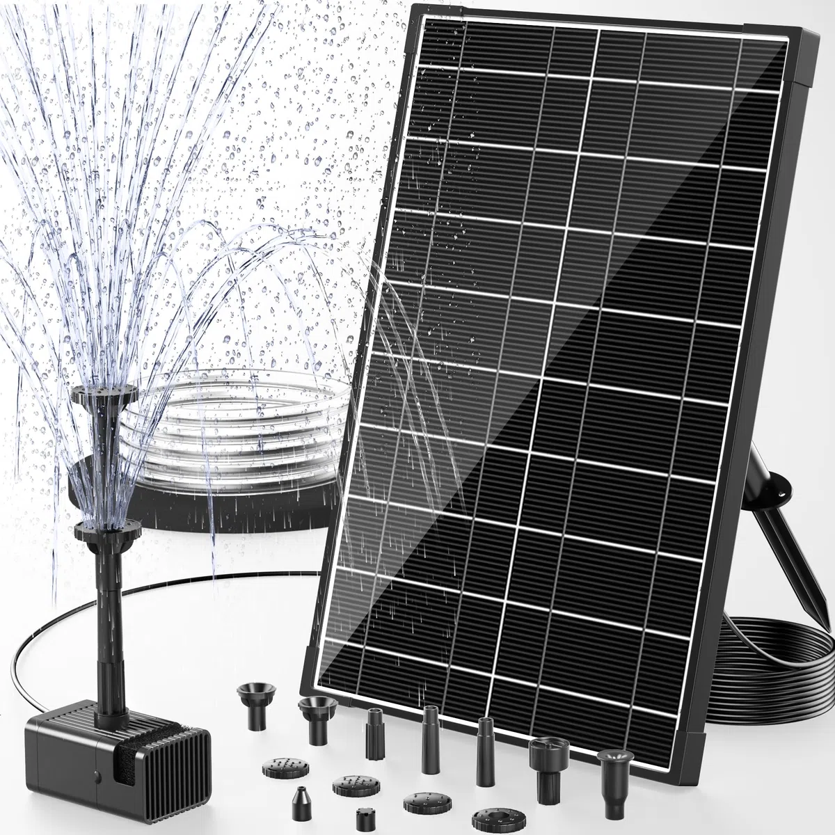 POPOSOAP 8W Fuente Solar Exterior, Bomba de Estanque Solar Mejorada con Protección contra Sequedad, Boquillas de Doble Pared, Manguera de 1,5 m para Bebedero de Pájaros, Estanque, Acuario