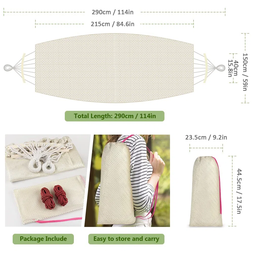 Hamaca Colgante de Red, Hamaca Jardin Exterior Hamaca Camping con Travesaños de Madera, 290 x 150 cm, Capacidad de Carga de 250 kg, Blanco