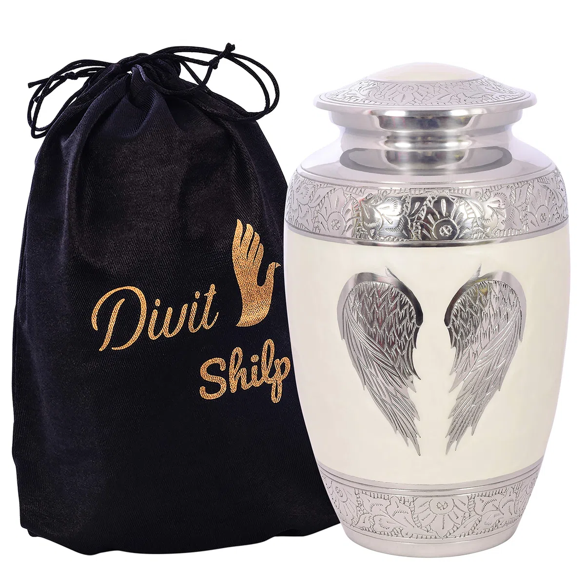 D S Urna de cremación para cenizas humanas con bolsa de terciopelo, para adultos de hasta 100 kg, Urnas funerarias por Divit Shilp (alas de ángel blanco, adulto)