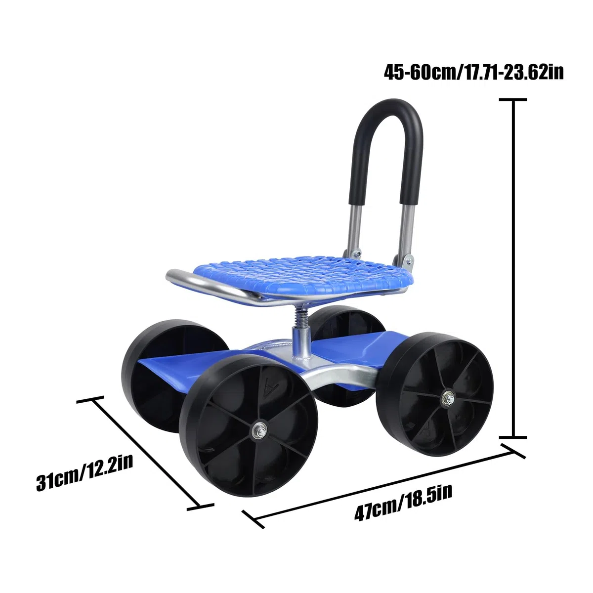 Taburete de jardín con ruedas, silla de jardín giratoria de 360 grados, carrito de jardinería plegable con soporte para herramientas, carrito rodante de altura ajustable para trabajos de