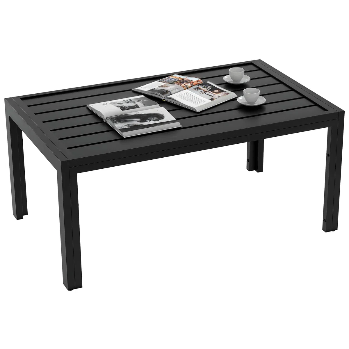 Outsunny Mesa de Centro de Jardín Rectangular, Mesa Auxiliar con Estructura de Acero Galvanizado y Superficie de Tablillas, Mesita de Café para Patio, Balcón, Terraza o Porche, Negro