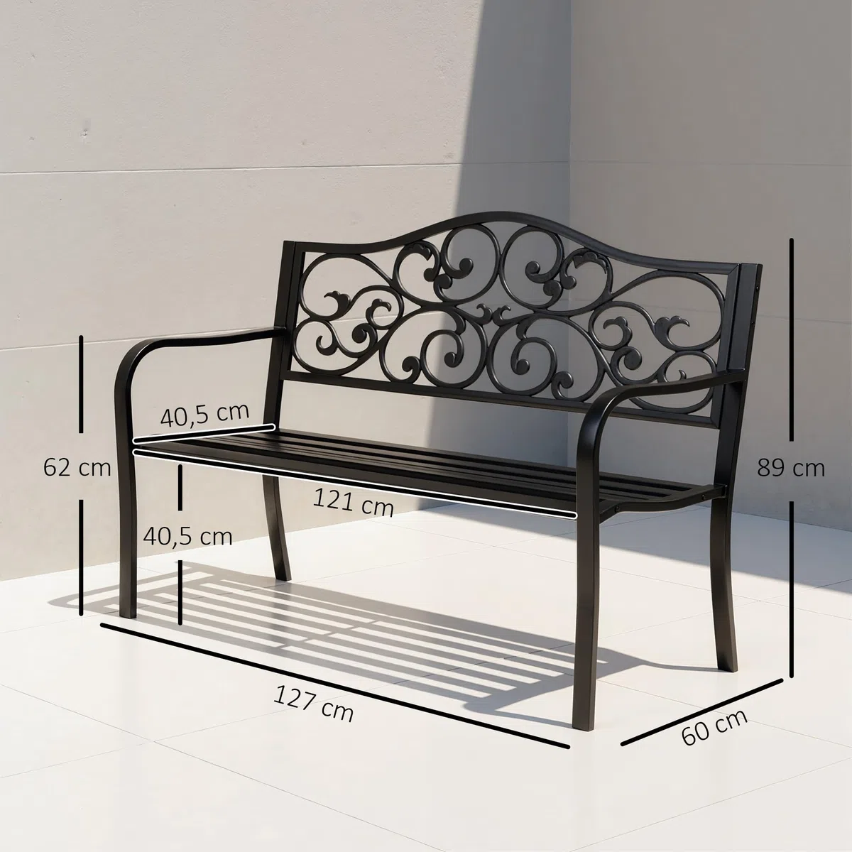 Outsunny Banco de Jardín de Acero Banco Exterior con Respaldo y Reposabrazos Carga 240 kg para Patio Terraza Balcón 127x60x89 cm Negro