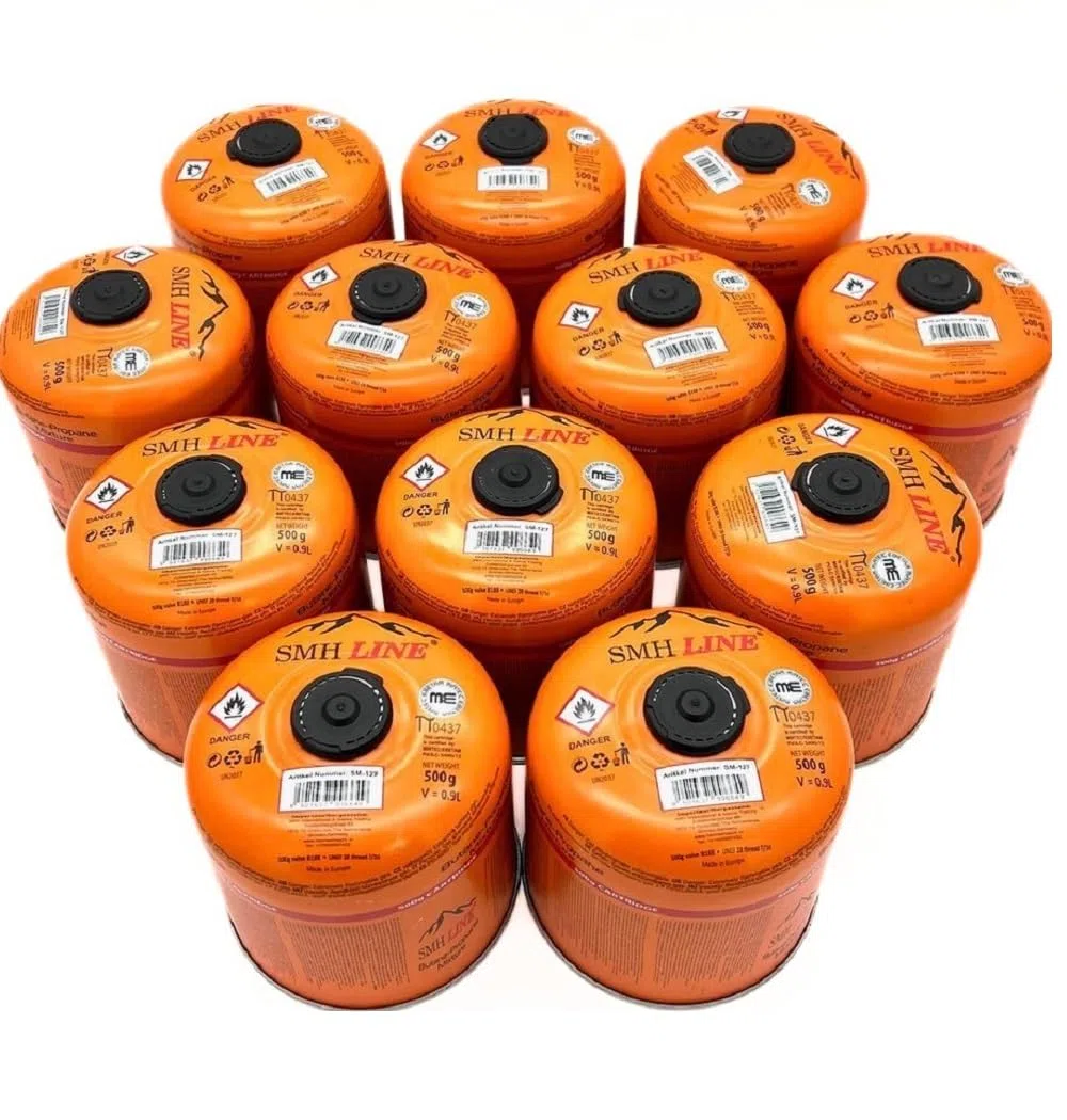 SMH LINE Cartucho de tornillo butano 12 x 500 g rosca universal 7/16 cartuchos de gas Cartucho de válvula EN 417 rosca Quemador de alambre Propano Mezcla de cocina de camping, estufa de gas
