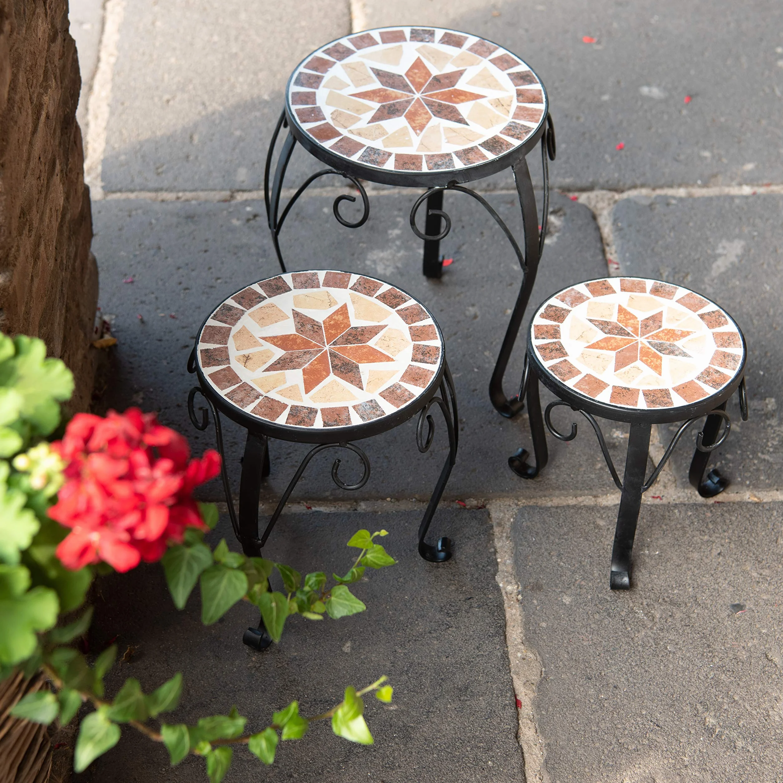 Dszapaci Juego de 3 taburetes para flores, diseño de mosaico, redondo, soporte para flores, metal, terraza, soporte para plantas, de cerámica (juego de 3)