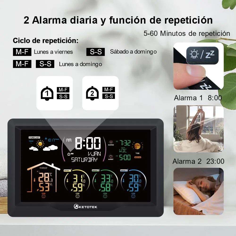 Estación Meteorológica Radio Inalámbrica KETOTEK con 3 Sensores de Exterior Termómetro Digital LCD de Interior Higrómetro Barómetro con DCF,Reloj Alarma,Previsión Meteorológica,Fase Lunar