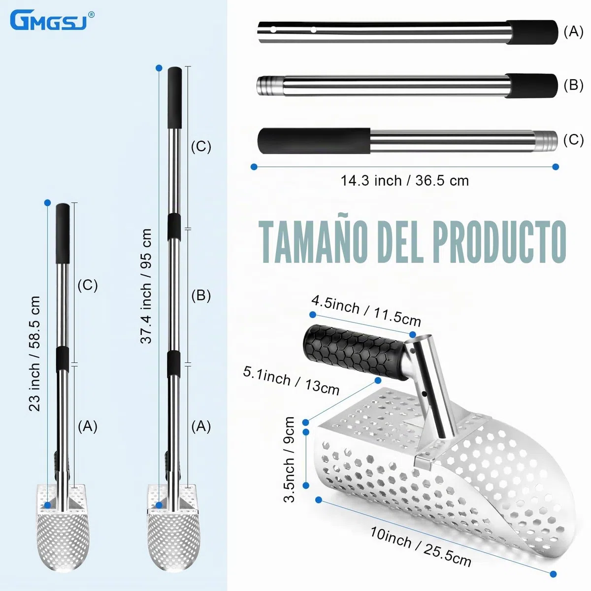Pala de Arena de Playa, Herramienta de detección de Metales con Mango Antideslizante para la detección rápida de Metales en el Agua y en la Playa, con Tres Extensiones de Acero Inoxidable