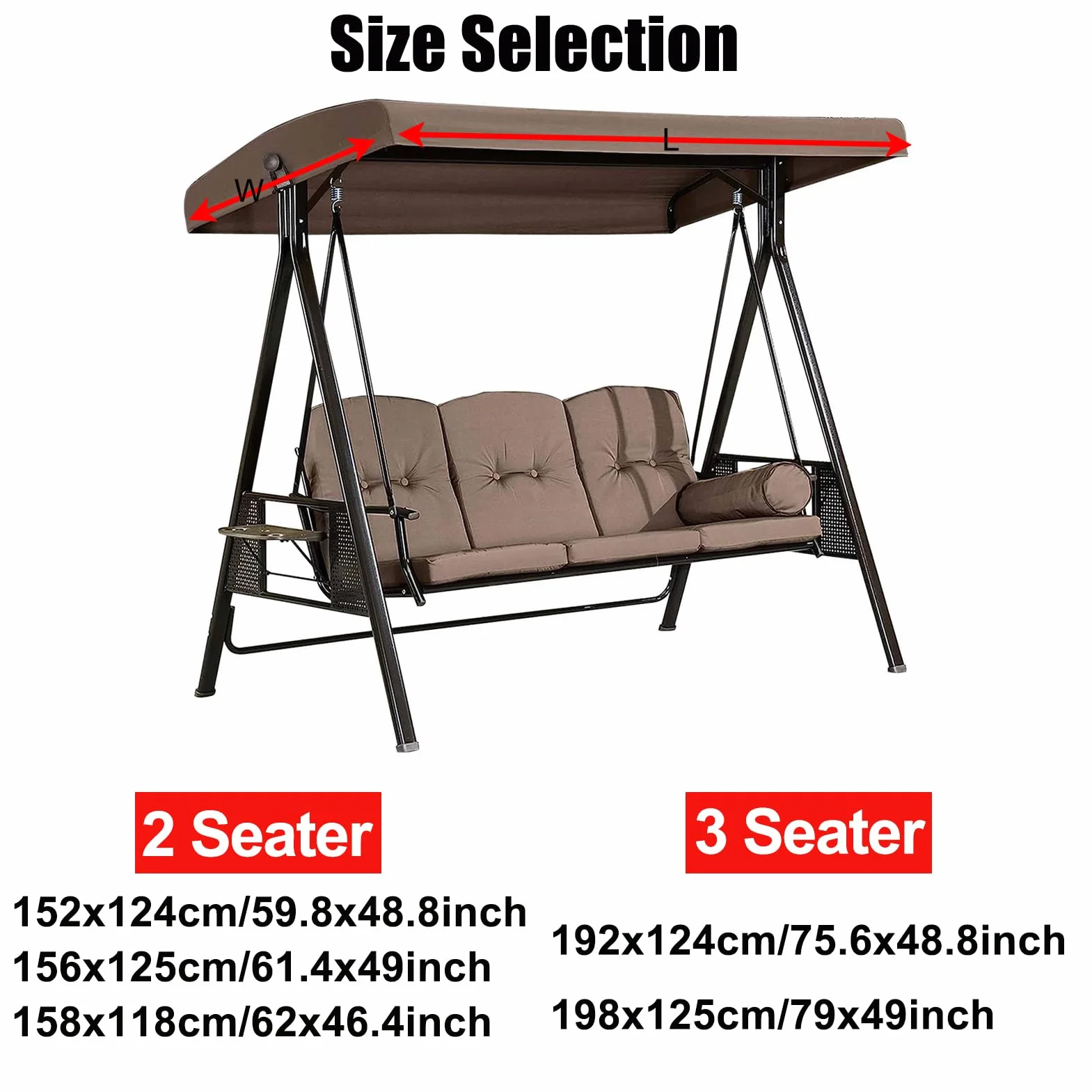 Toldo De Repuesto para Columpio de Jardín,Cubierta de Techo Impermeable Antirayos UV para Patio de 2 a 3 Plazas,para Jardín al Aire Libre,Solo Cubierta(Size:3 Seater:198×125cm/79×49in)