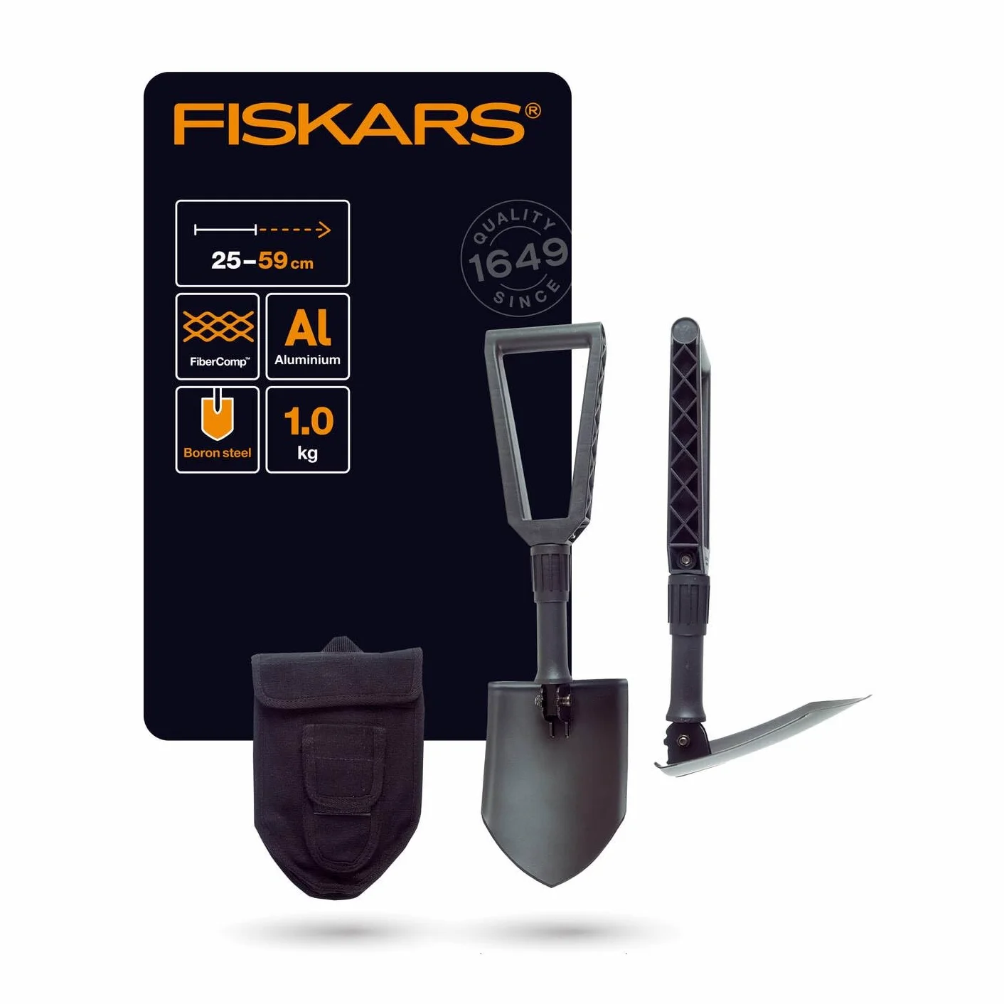 Fiskars Pala plegable para camping y alpinismo, 2 en 1: Pala y pico, Funda de tela incluida, Longitud: 59 cm, Acero al boro templado, Negro, 1000621