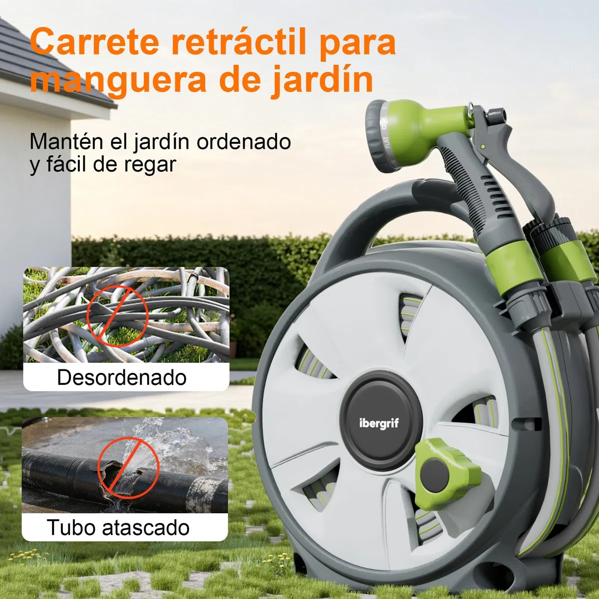 Ibegrif M22220, Enrollador de manguera de jardín, Portamangueras 10 m, Gris/Verde