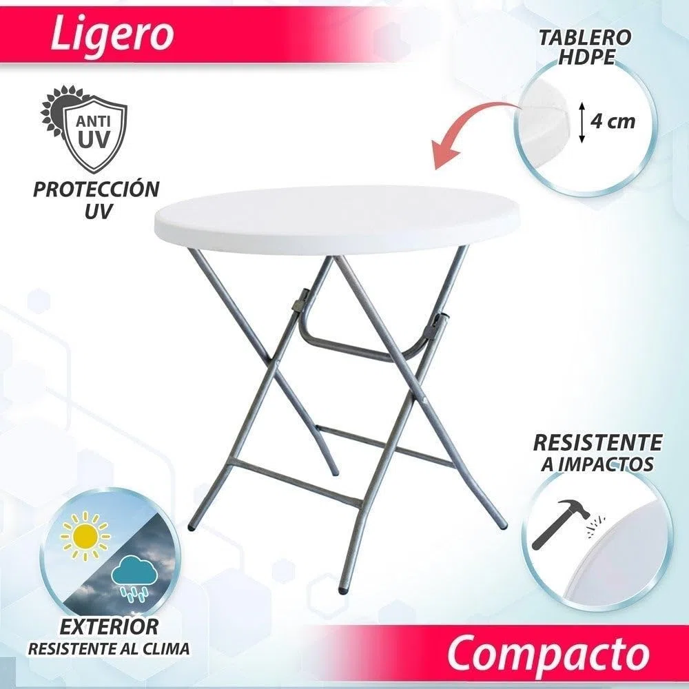 LOLAhome Mesa Plegable, de Acero Anticorrosión y HDPE (De Ø 80x74 cm) | Resistente, fácil Transporte, fácil Montaje | Ideal Acampadas, Picnic, Catering, Jardín, Terraza