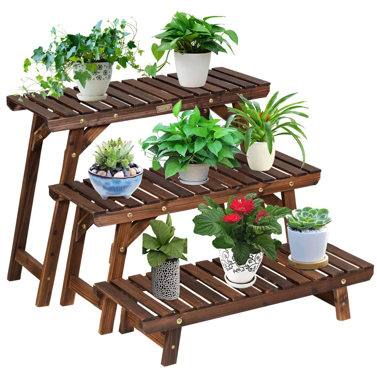 COSTWAY Estantería para Plantas de Madera, 3 Niveles Soportes Macetas Separados para Interior y Exterior, Estante Carbonizado de Escalera para Plantas y Flores, Jardín Patio Balcón, 70x25x14/34/53 cm