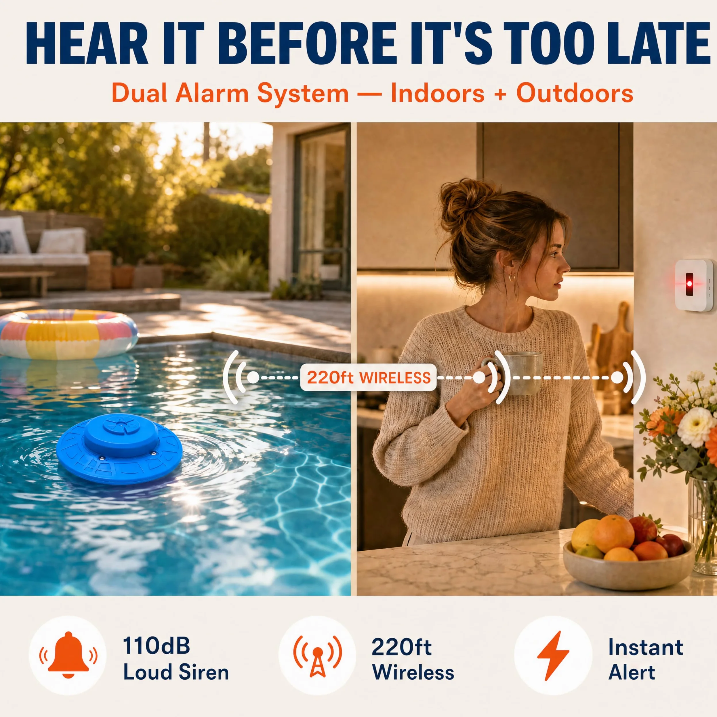 Alarma de piscina para piscinas enterradas y sobre el suelo con receptor interior remoto, alarma de seguridad flotante, sensibilidad ajustable, apagado y encendido automático, protección para niños y