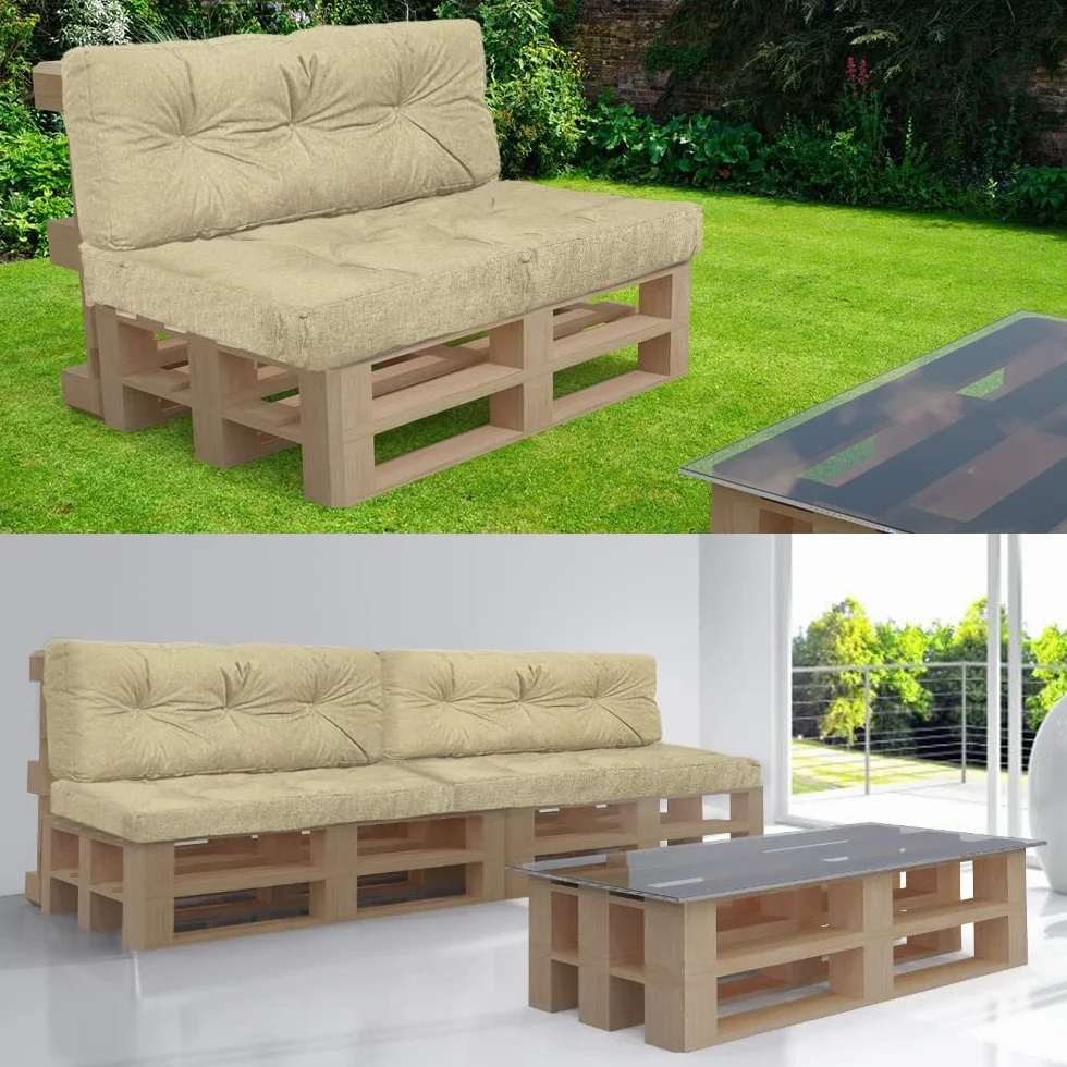 VOUNOT® Cojines para Palets 2-Piezas Set, Impermeable para Interior y Exterior, Cojín de Asiento 120x80 cm, Respaldo 120x40 cm, Beige