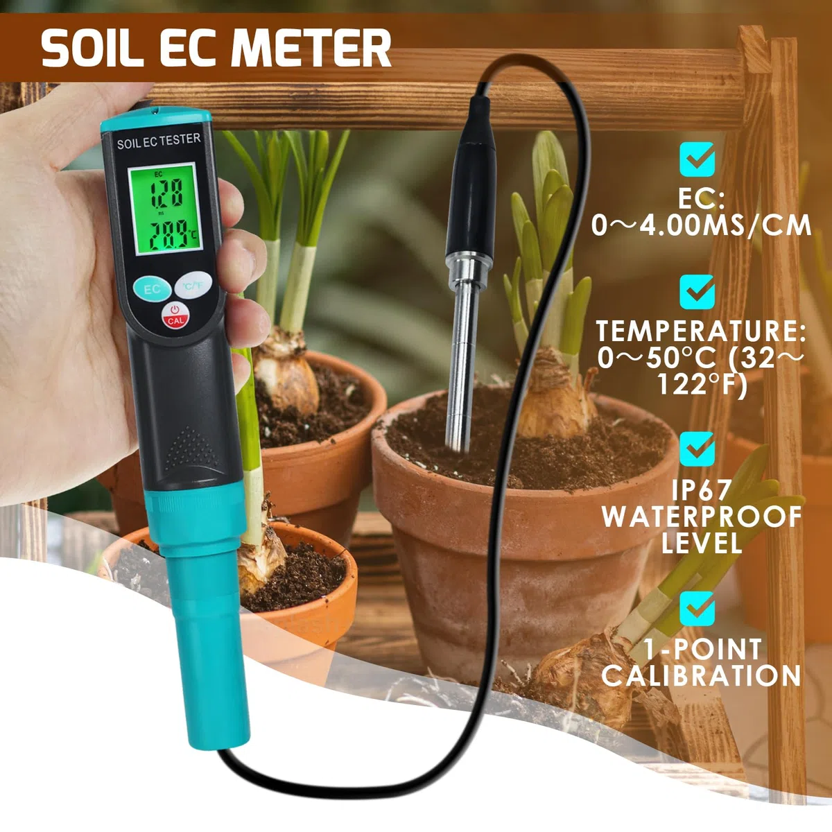 Medidor Portátil de CE y Temperatura del Suelo - Analizador de Fertilidad y Conductividad para Plantas, Jardinería, Invernaderos (Interior/Exterior) IP67