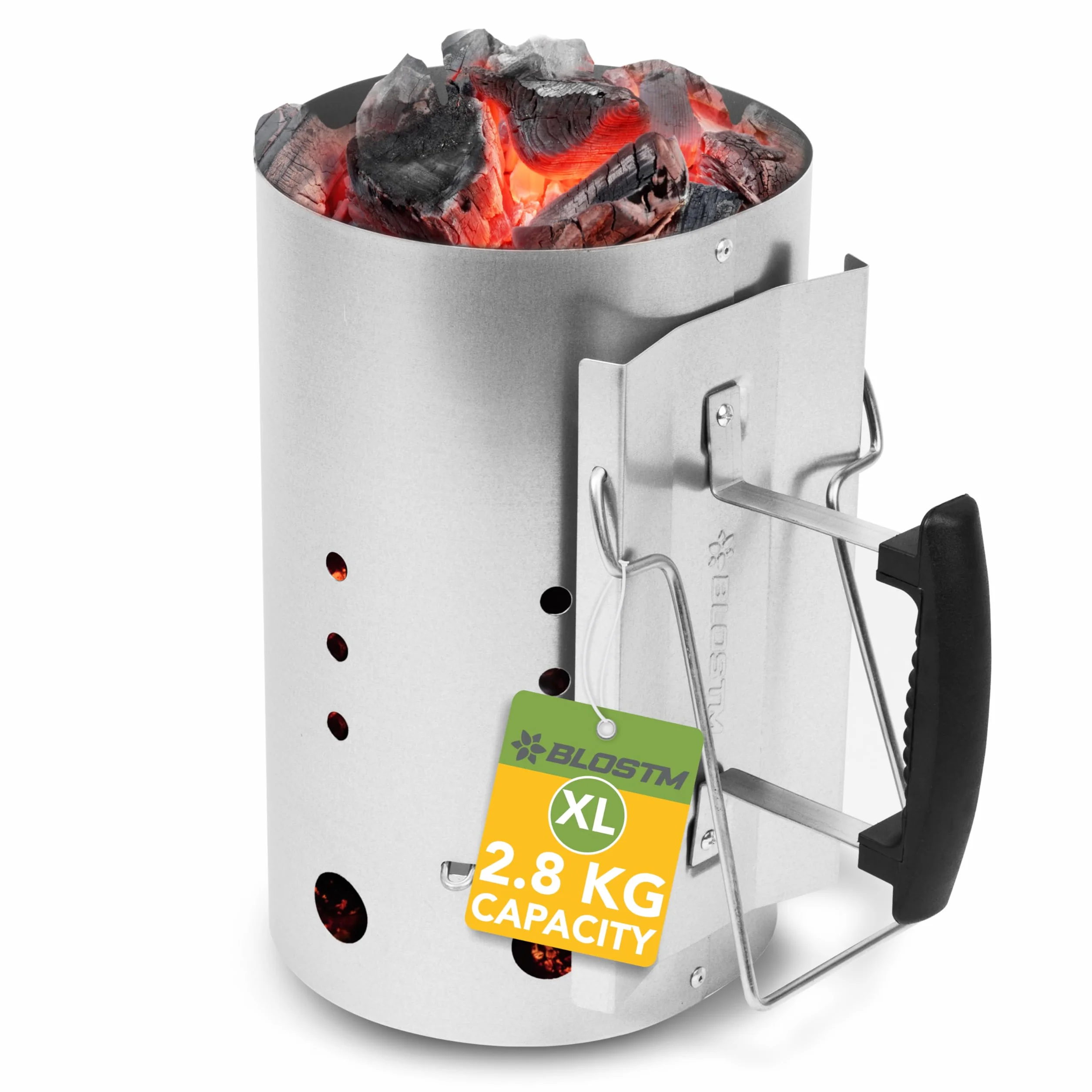 BLOSTM Chimenea para Encender Barbacoa - Extra Grande Encendedor Barbacoa Arranque Rápido, de Acero Galvanizado, con Asas de Seguridad Aisladas Térmicamente para Carbón, Madera en Trozos, Briquetas