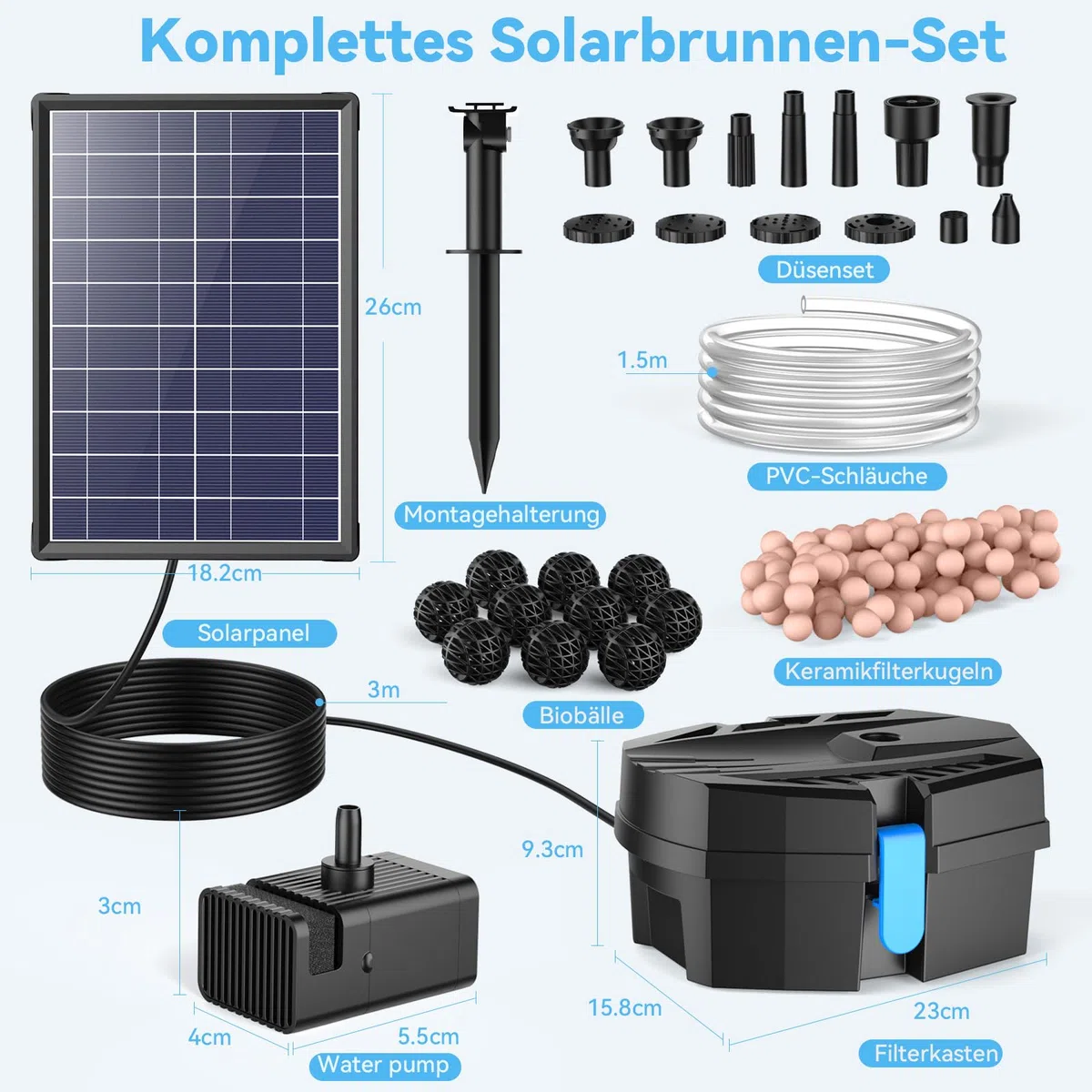 POPOSOAP Filtro solar para estanque con fuente de agua, fuente solar de 8W con sistema de filtración, 8 modos de pulverización y batería de respaldo de 3600mAh, para pequeños estanques exteriores